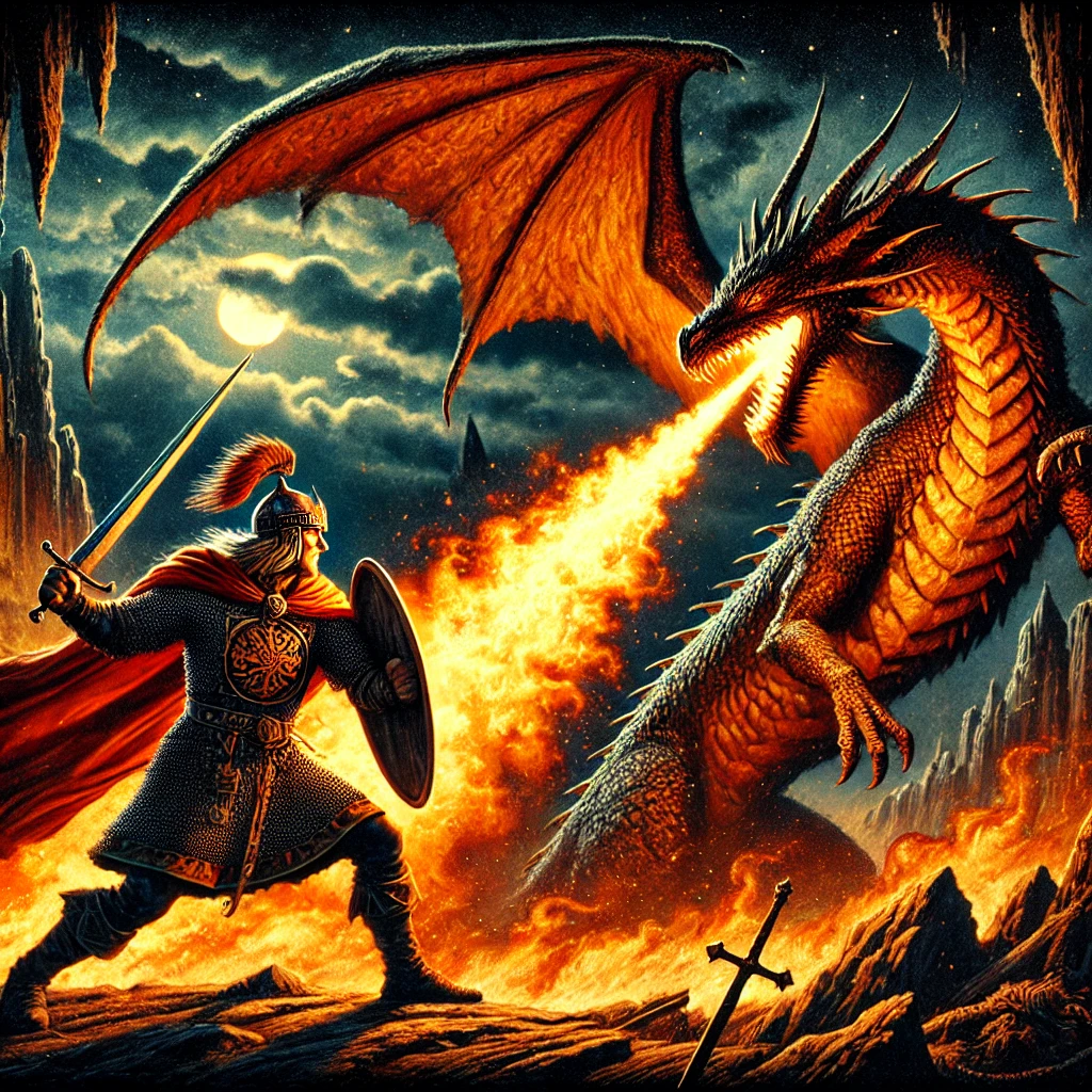 Beowulf fighting the Dragon